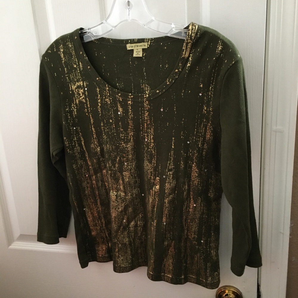 cha cha vente Olive Green Top with Gold Foil Accent